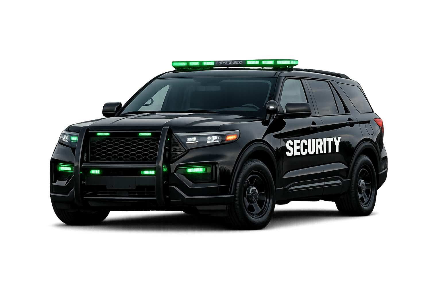 Security patrol vehicle with emergency lights parked on a wet city street at night