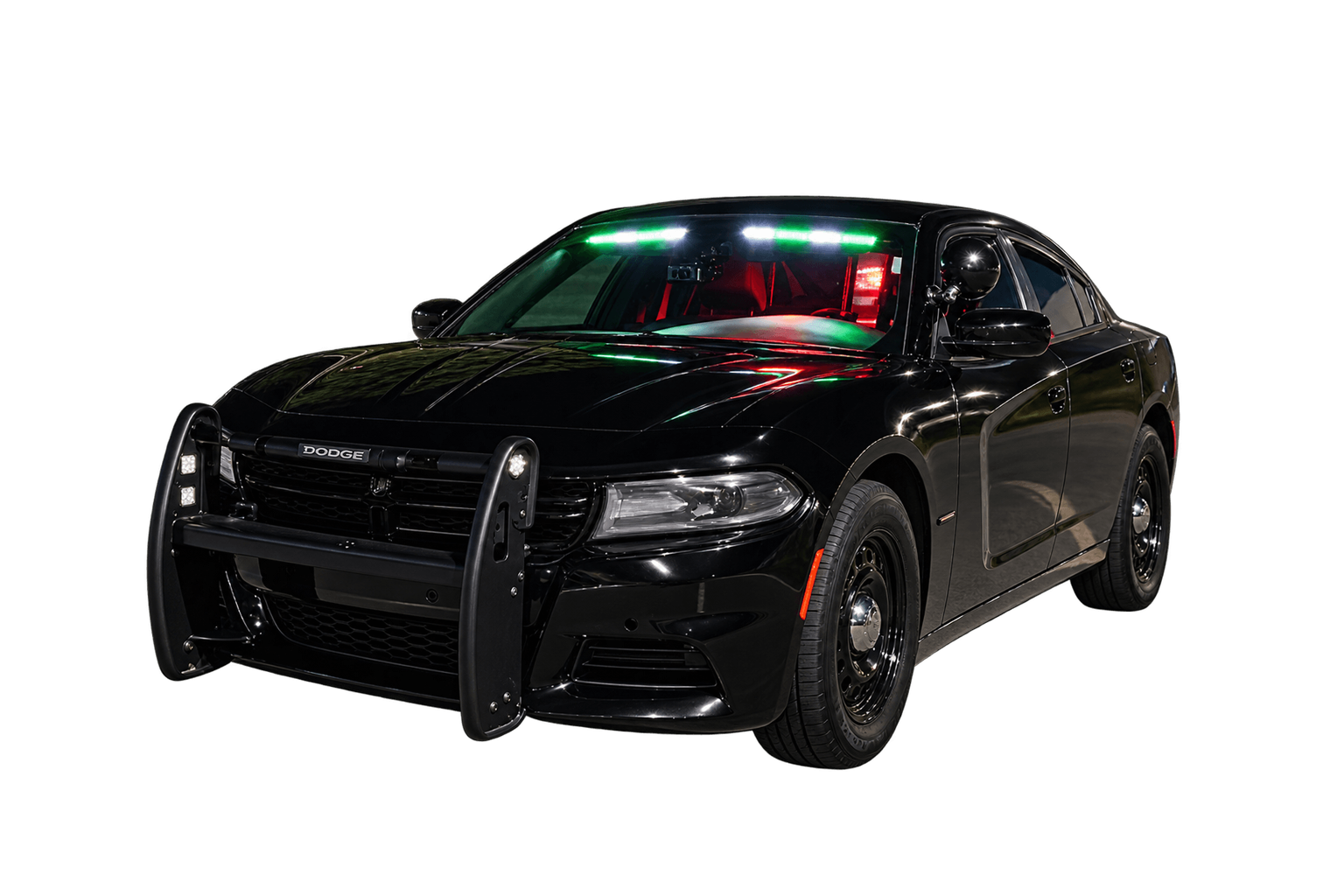 Security patrol vehicle with emergency lights parked on a wet city street at night